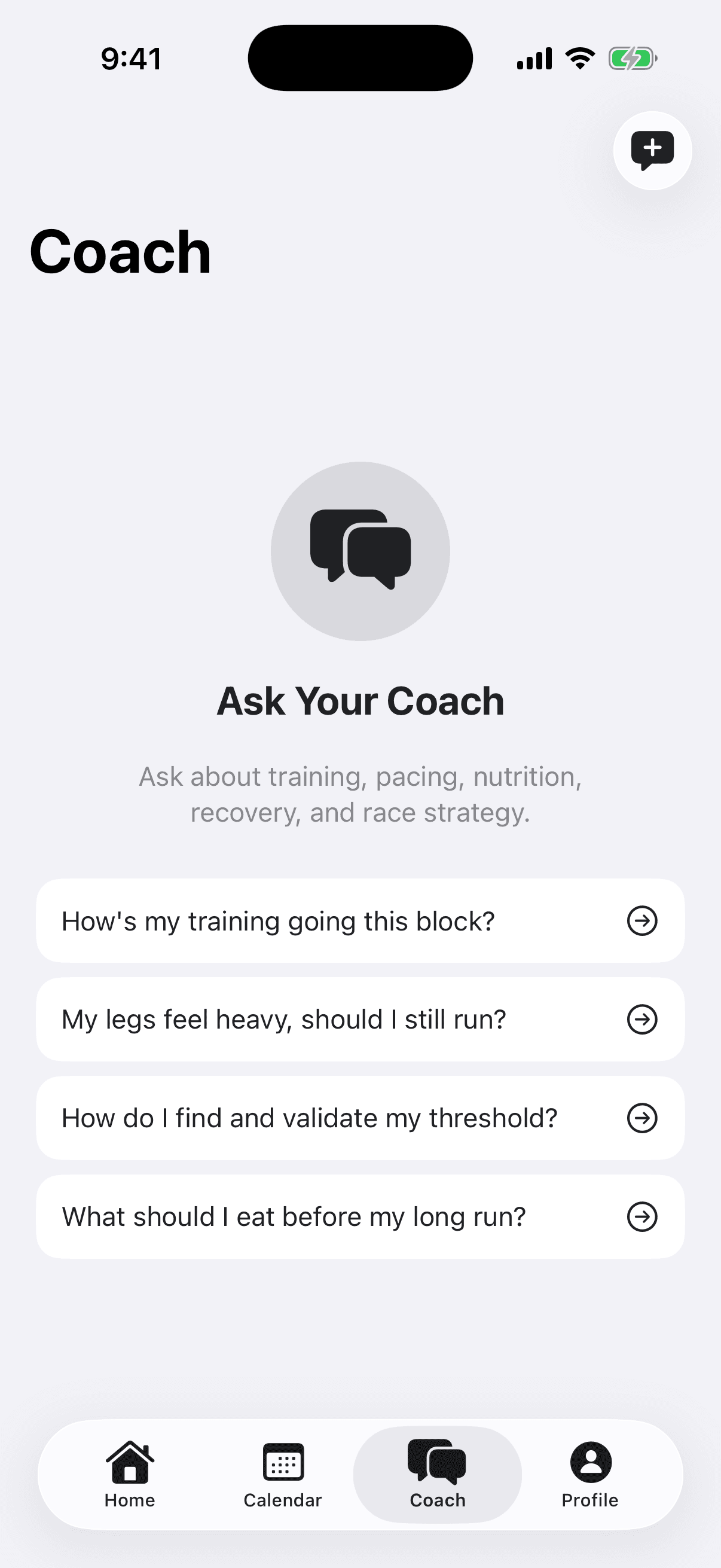 Threshold coach chat screen with training questions and plan context.