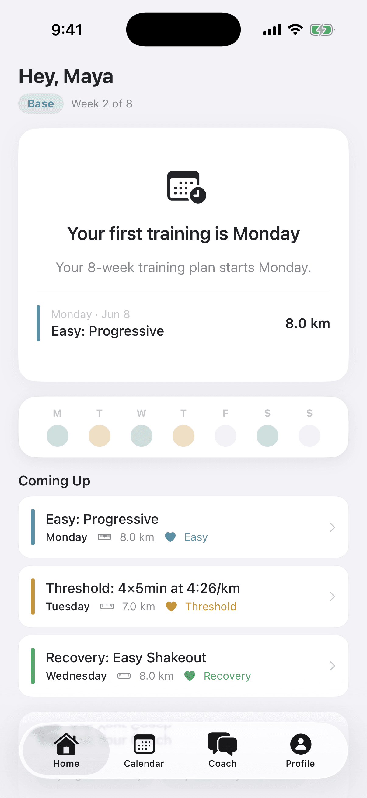 Threshold home screen showing the next run, week progress, and upcoming sessions.
