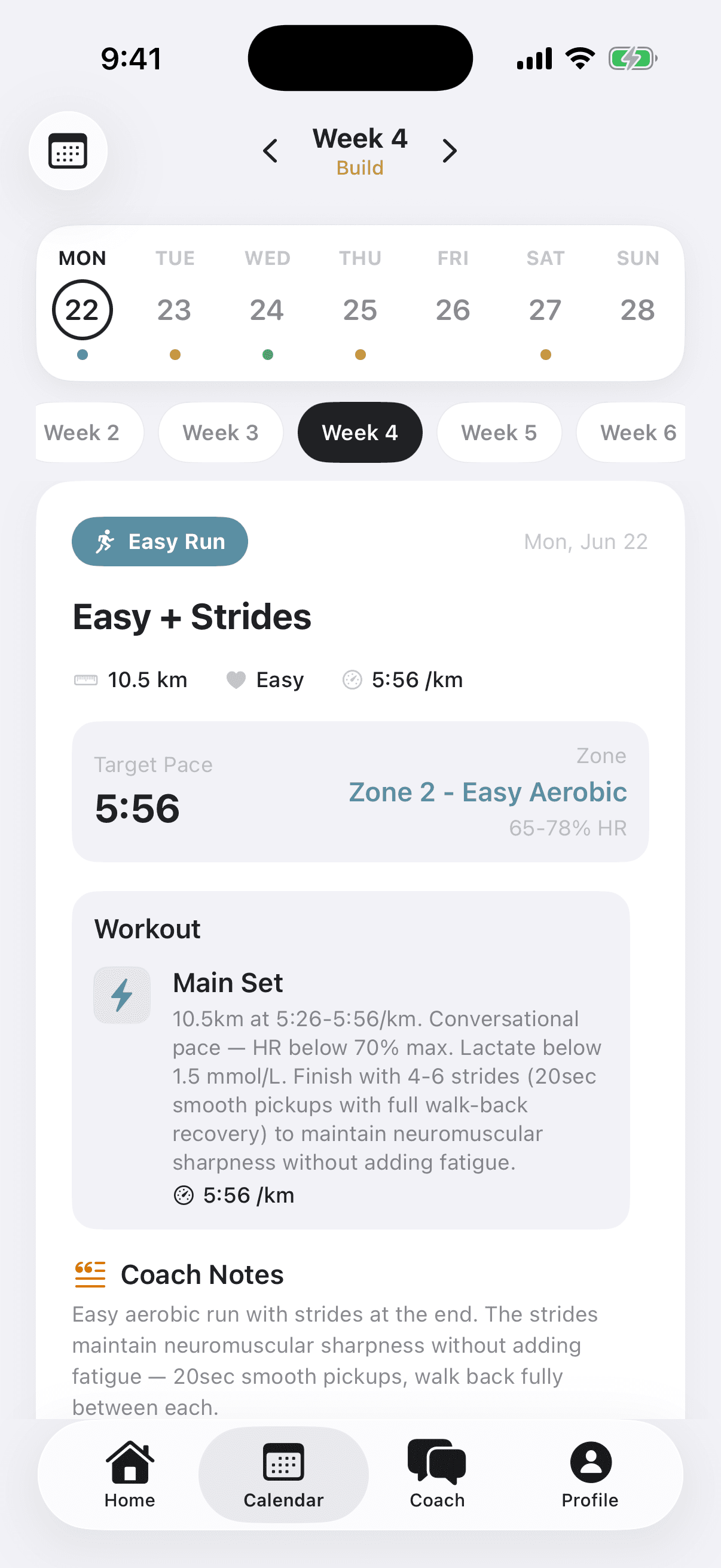 Threshold training screen with pace targets and workout instructions.